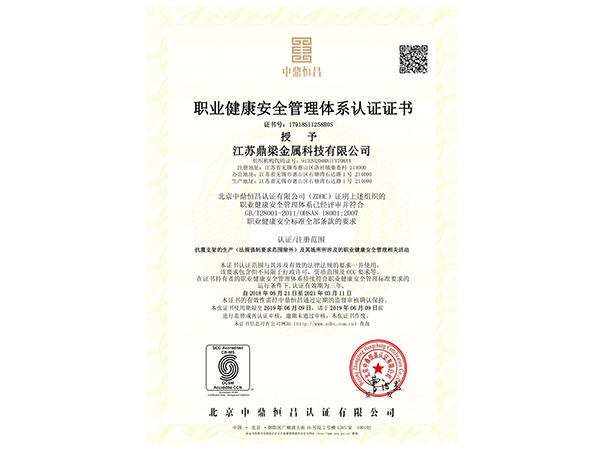 东方鼎梁-职业健康安全管理体系证书